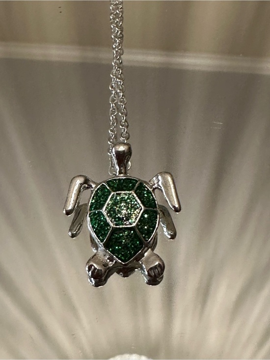 Jewelry - Silver Turtle Pendant Necklace with Green Sparkle Shell